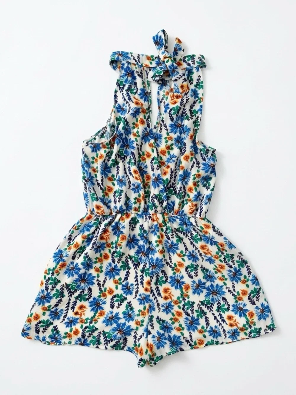 As U Wish White Floral Halter Romper with Blue & Green Print - Picture 6 of 11